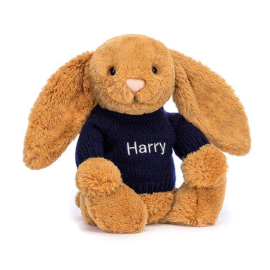 Bashful Golden Bunny with Personalized Navy Jumper