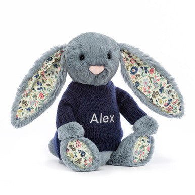 Blossom Dusky Blue Bunny with Personalized Navy Jumper