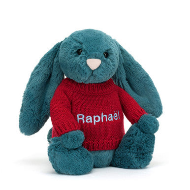 Bashful Mineral Blue Bunny with Personalized Red Jumper