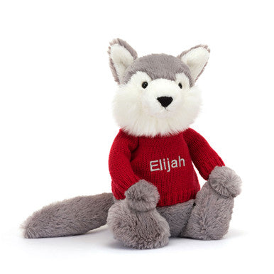 Bashful Wolf with Personalized Red Jumper